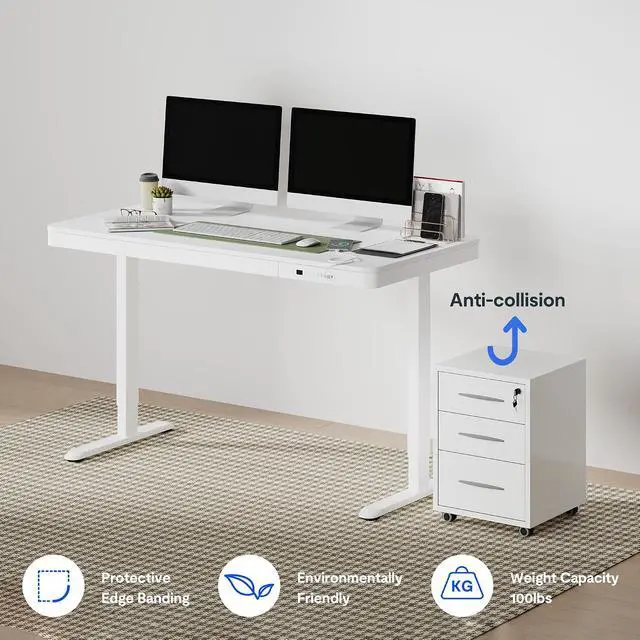 Alt view image 7 of 7 - 55" White Electric Standing Desk with Drawers, Quick Assembly Home Office Sit Stand Desk with Storage, USB Charging, Computer Desk for Home Office (White Top + Adjustable Frame, Comhar)