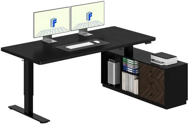 Main image of L Shaped Standing Desk with Storage Cabinet for Office Workspace, 63" Spacious Workstation with Drawers, CPU Holder & Cable Management for Commercial Office Use, Black, 3 Packages