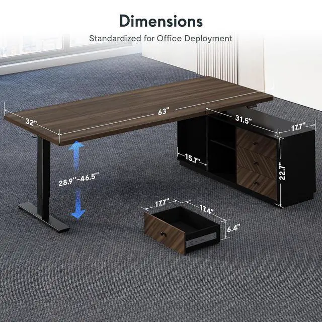 Alt view image 2 of 7 - L Shaped Standing Desk with Storage Cabinet for Office Workspace, 63" Spacious Workstation with Drawers, CPU Holder & Cable Management for Commercial Office Use, Black Walnut, 3 Packages