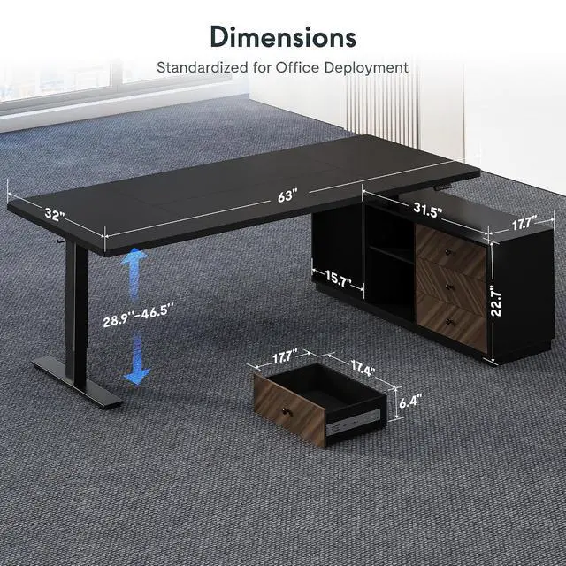 Alt view image 2 of 7 - L Shaped Standing Desk with Storage Cabinet for Office Workspace, 63" Spacious Workstation with Drawers, CPU Holder & Cable Management for Commercial Office Use, Black, 3 Packages