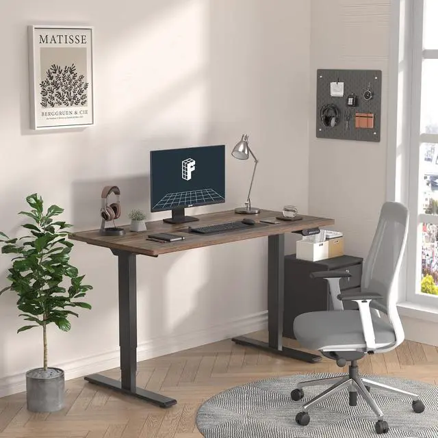 Alt view image 2 of 7 - E6 3-Stage Dual Motor Electric Standing Desk 55 x 28 Sit Stand Up Desk, Holds 220 lbs, Adjustable Height w/Memory Presets, One-Piece Brown Wood Grain Desktop & Black Frame, Ships in 2 Boxes