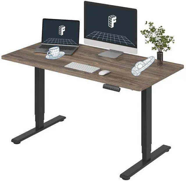 Main image of E6 3-Stage Dual Motor Electric Standing Desk 55 x 28 Sit Stand Up Desk, Holds 220 lbs, Adjustable Height w/Memory Presets, One-Piece Brown Wood Grain Desktop & Black Frame, Ships in 2 Boxes
