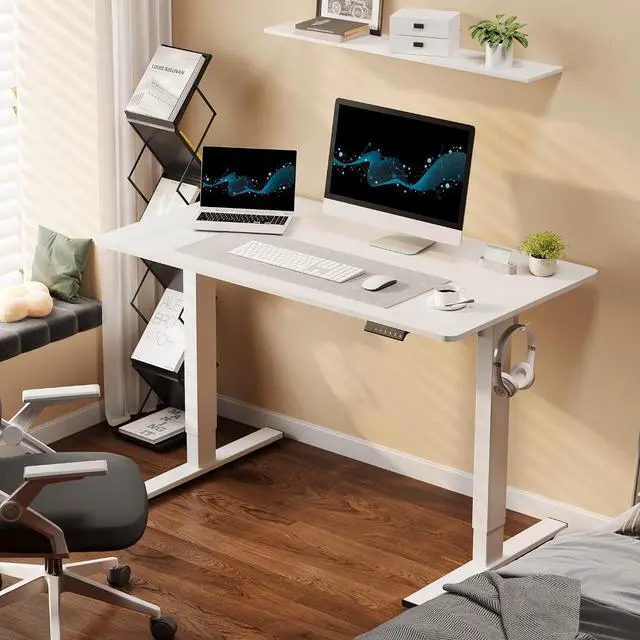 Alt view image 2 of 7 - Standing Desk, 40" x 24" One-Piece Desktop, Height Adjustable Computer Desk for Home Office, White Frame & White Top (One Package)