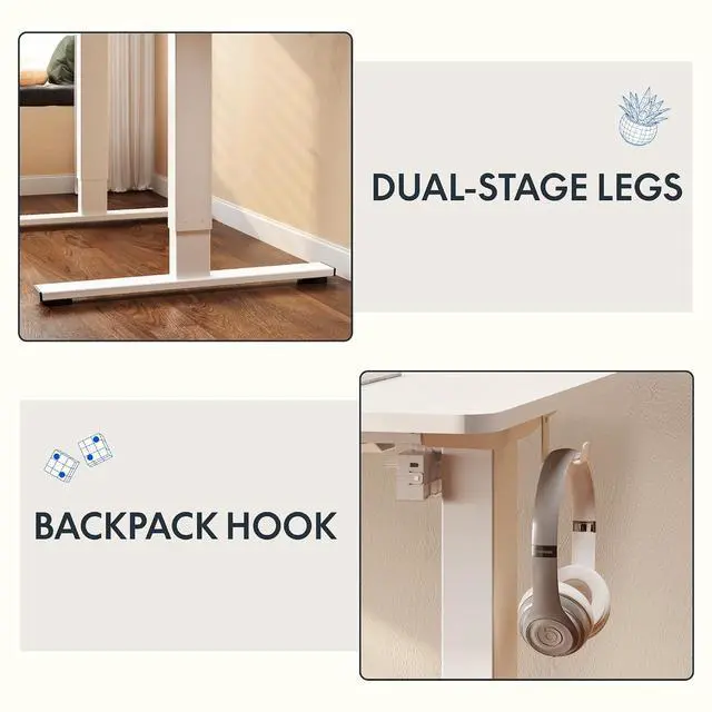 Alt view image 5 of 7 - Standing Desk, 40" x 24" One-Piece Desktop, Height Adjustable Computer Desk for Home Office, White Frame & White Top (One Package)