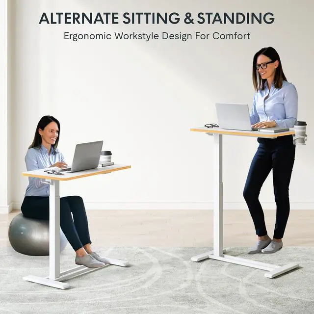 Alt view image 5 of 7 - Mobile Standing Desk with Wheels Pneumatic Laptop Desk Rolling Computer Cart Movable Height Adjustable Small Sit Stand Desk Computer Workstations Home Use27.6" W x 15.7" D,White+Maple