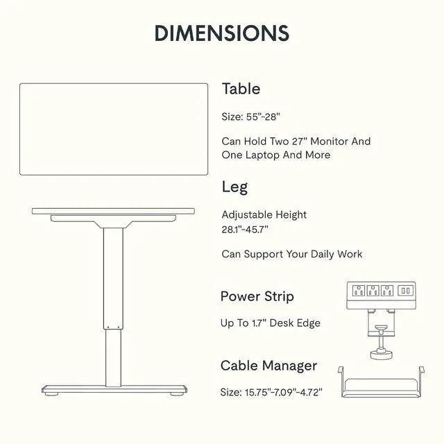 Alt view image 7 of 7 - EN2 Whole-Piece Standing Desk with Clamp Power Strip, 55 x 28 Electric Stand Up Height Adjustable Desk with Cable Management (Black Frame + 55" White Top, 2 Packages)