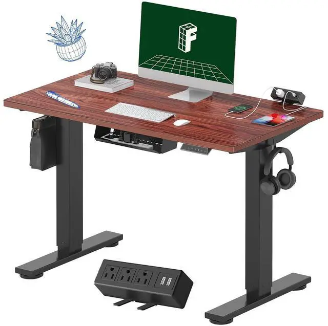 Main image of EN2 Whole-Piece Standing Desk with Clamp Power Strip, 40 x 24'' Electric Stand Up Height Adjustable Desk with Cable Management (Black Frame + 40" Mahogany Top, 2 Packages)