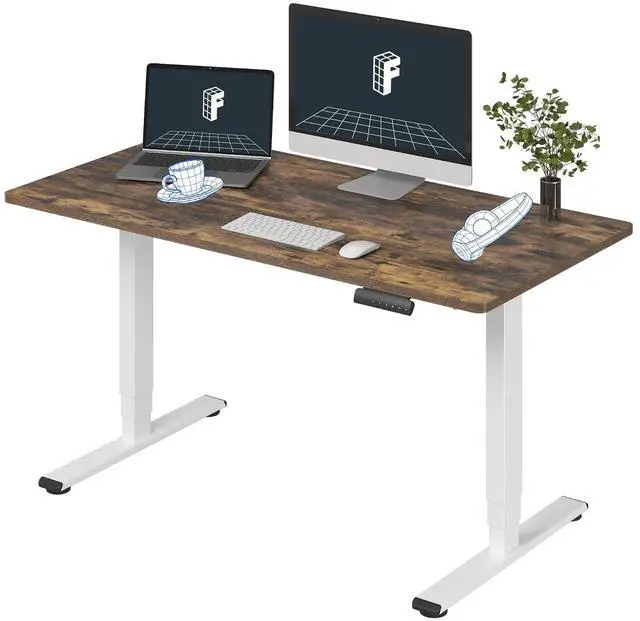 Main image of E6 3-Stage Dual Motor Electric Standing Desk 55 x 28 Sit Stand Up Desk, Holds 220 lbs, Adjustable Height w/Memory Presets, One-Piece Special Walnut Desktop & White Frame, Ships in 2 Boxes