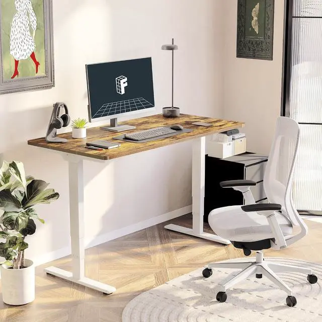 Alt view image 2 of 7 - E6 3-Stage Dual Motor Electric Standing Desk 55 x 28 Sit Stand Up Desk, Holds 220 lbs, Adjustable Height w/Memory Presets, One-Piece Special Walnut Desktop & White Frame, Ships in 2 Boxes