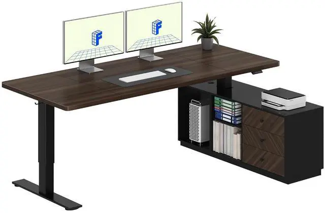 Main image of L Shaped Standing Desk with Storage Cabinet for Office Workspace, 71" Spacious Workstation with Drawers, CPU Holder & Cable Management for Commercial Office Use, Black Walnut, 3 Packages