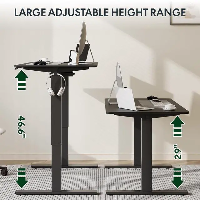 Alt view image 6 of 7 - Standing Desk, 48" x 24" One-Piece Desktop, Height Adjustable Computer Desk for Home Office, White Frame & Black Top (One Package)