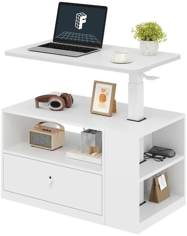 Main image of H7 CAB Height Adjustable Sit-Stand Computer Workstation Desk with Storage, Pneumatic Lift Laptop Desk with Drawer & Cabinet, Compact Small Space Home Office Desk (25.8"41.3", White)