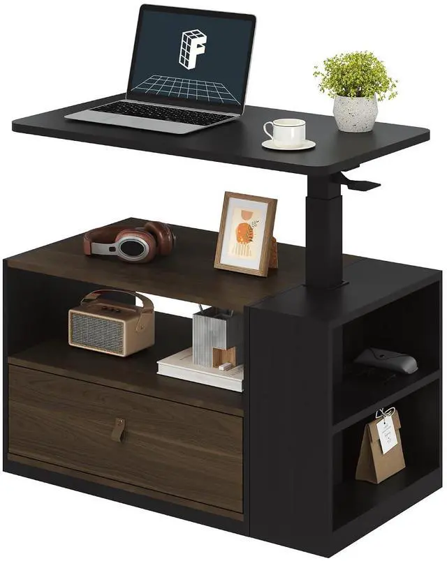 Main image of H7 CAB Height Adjustable Sit-Stand Computer Workstation Desk with Storage, Pneumatic Lift Laptop Desk with Drawer & Cabinet, Compact Small Space Home Office Desk (25.8"41.3", Black)