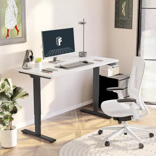 Alt view image 2 of 7 - E6 3-Stage Dual Motor Electric Standing Desk 55 x 28 Sit Stand Up Desk, Holds 220 lbs, Adjustable Height w/Memory Presets, One-Piece White Desktop & Black Frame, Ships in 2 Boxes