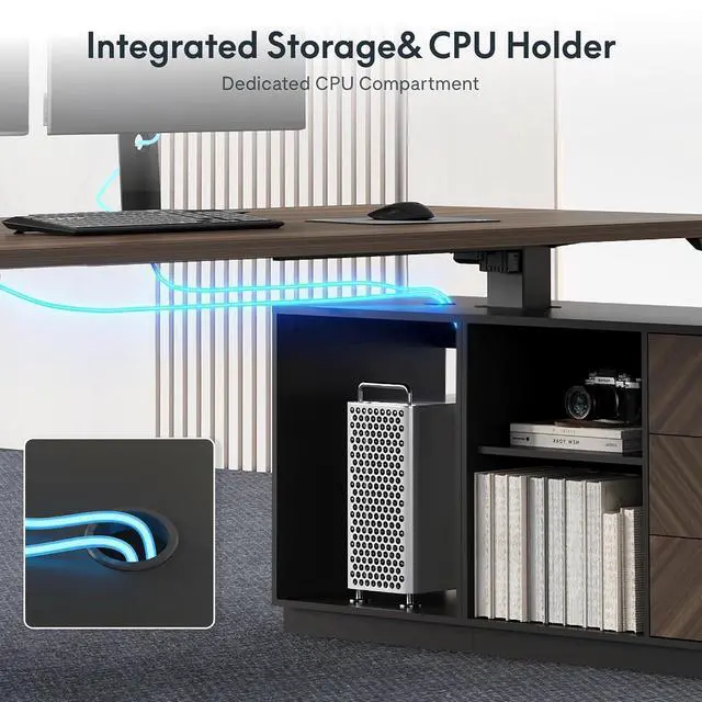 Alt view image 5 of 7 - L Shaped Standing Desk with Storage Cabinet for Office Workspace, 63" Spacious Workstation with Drawers, CPU Holder & Cable Management for Commercial Office Use, Black Walnut, 3 Packages