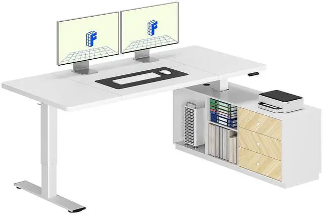 Main image of L Shaped Standing Desk with Storage Cabinet for Office Workspace, 63" Spacious Workstation with Drawers, CPU Holder & Cable Management for Commercial Office Use, White, 3 Packages