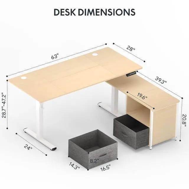 Alt view image 2 of 7 - L Shaped Standing Desk with Drawers, Large Electric Height Adjustable Executive Desk, Sit Stand Desk for Home Office and Workstation, Hooks and USB Port (63"x28" White Wood Grain)