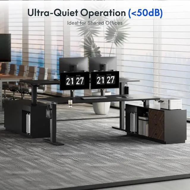 Alt view image 4 of 7 - L Shaped Standing Desk with Storage Cabinet for Office Workspace, 63" Spacious Workstation with Drawers, CPU Holder & Cable Management for Commercial Office Use, Black, 3 Packages
