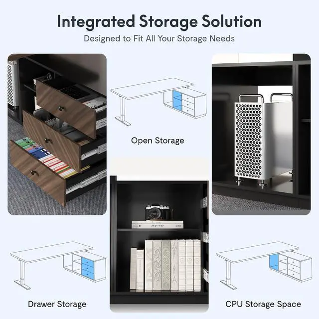 Alt view image 5 of 7 - L Shaped Standing Desk with Storage Cabinet for Office Workspace, 63" Spacious Workstation with Drawers, CPU Holder & Cable Management for Commercial Office Use, Black, 3 Packages