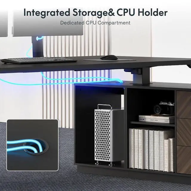 Alt view image 6 of 7 - L Shaped Standing Desk with Storage Cabinet for Office Workspace, 63" Spacious Workstation with Drawers, CPU Holder & Cable Management for Commercial Office Use, Black, 3 Packages