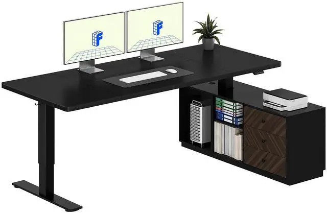 Main image of L Shaped Standing Desk with Storage Cabinet for Office Workspace, 71" Spacious Workstation with Drawers, CPU Holder & Cable Management for Commercial Office Use, Black, 3 Packages