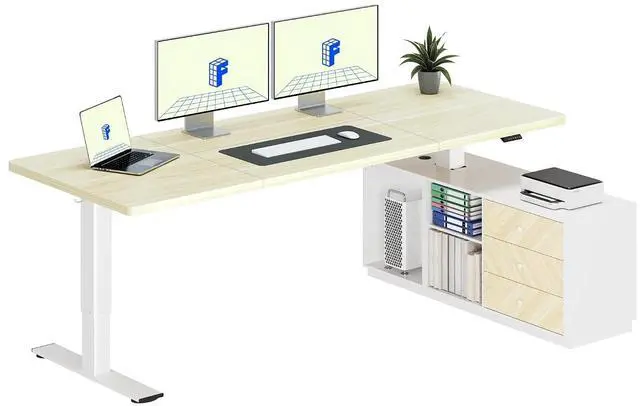 Main image of L Shaped Standing Desk with Storage Cabinet for Office Workspace, 79" Spacious Workstation with Drawers, CPU Holder & Cable Management for Commercial Office Use, White Wood Grain, 3 Packages