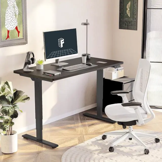 Alt view image 2 of 7 - E6 3-Stage Dual Motor Electric Standing Desk 55 x 28 Sit Stand Up Desk, Holds 220 lbs, Adjustable Height w/Memory Presets, One-Piece Black Desktop & Black Frame, Ships in 2 Boxes