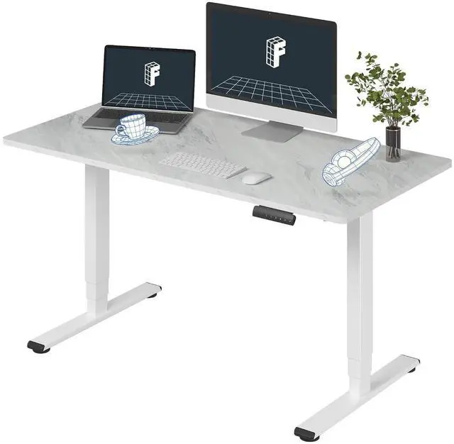 Main image of E6 3-Stage Dual Motor Electric Standing Desk 55 x 28 Sit Stand Up Desk, Holds 220 lbs, Adjustable Height w/Memory Presets, One-Piece Marble Grey Desktop & White Frame, Ships in 2 Boxes