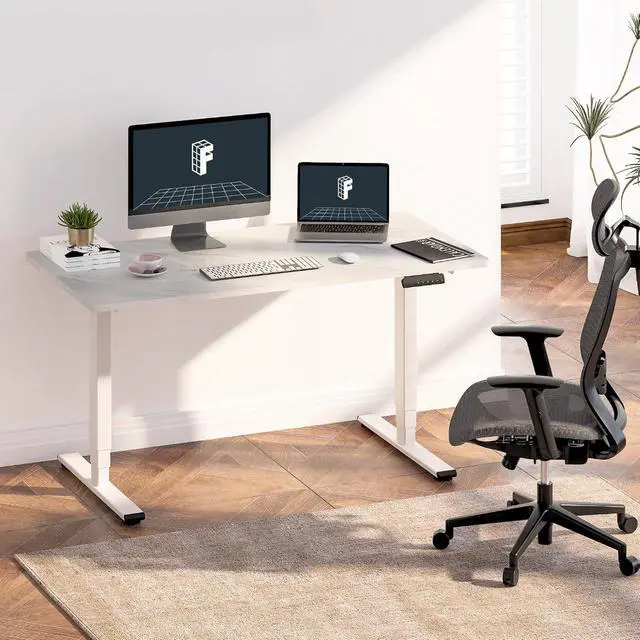 Alt view image 2 of 6 - E6 3-Stage Dual Motor Electric Standing Desk 55 x 28 Sit Stand Up Desk, Holds 220 lbs, Adjustable Height w/Memory Presets, One-Piece Marble Grey Desktop & White Frame, Ships in 2 Boxes