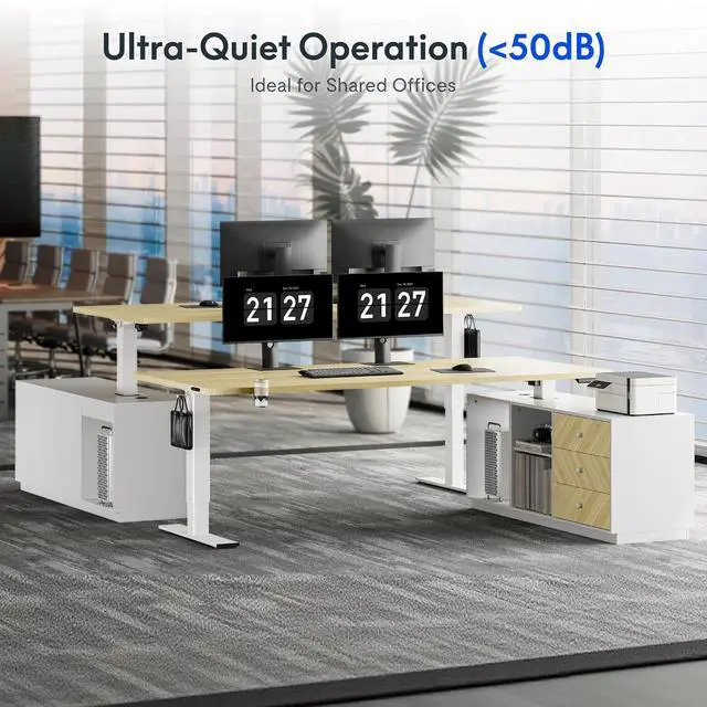 Alt view image 3 of 7 - L Shaped Standing Desk with Storage Cabinet for Office Workspace, 63" Spacious Workstation with Drawers, CPU Holder & Cable Management for Commercial Office Use, White Wood Grain, 3 Packages