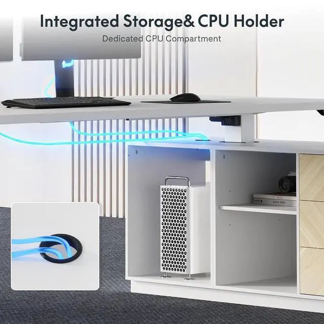 Alt view image 5 of 7 - L Shaped Standing Desk with Storage Cabinet for Office Workspace, 79" Spacious Workstation with Drawers, CPU Holder & Cable Management for Commercial Office Use, White, 3 Packages