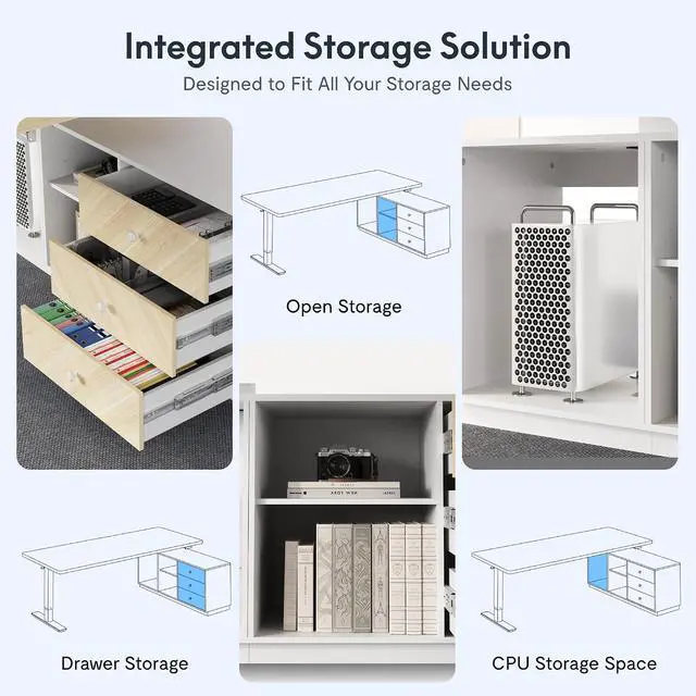 Alt view image 4 of 7 - L Shaped Standing Desk with Storage Cabinet for Office Workspace, 63" Spacious Workstation with Drawers, CPU Holder & Cable Management for Commercial Office Use, White Wood Grain, 3 Packages