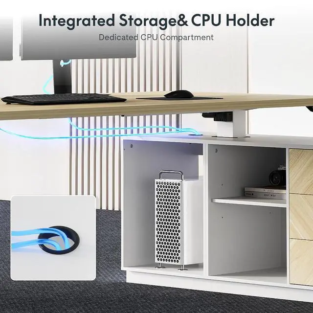 Alt view image 5 of 7 - L Shaped Standing Desk with Storage Cabinet for Office Workspace, 63" Spacious Workstation with Drawers, CPU Holder & Cable Management for Commercial Office Use, White Wood Grain, 3 Packages