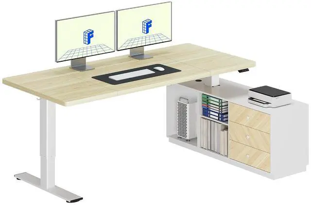 Main image of L Shaped Standing Desk with Storage Cabinet for Office Workspace, 63" Spacious Workstation with Drawers, CPU Holder & Cable Management for Commercial Office Use, White Wood Grain, 3 Packages
