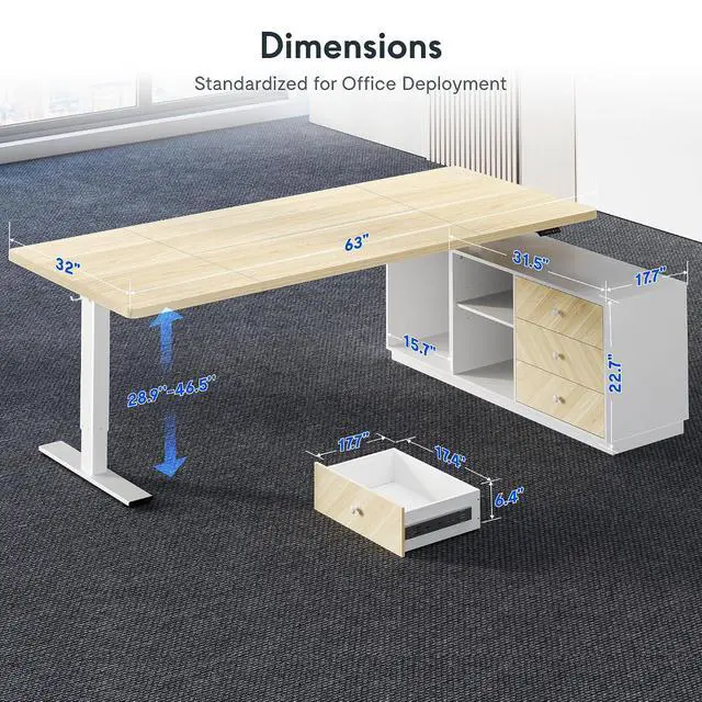 Alt view image 6 of 7 - L Shaped Standing Desk with Storage Cabinet for Office Workspace, 63" Spacious Workstation with Drawers, CPU Holder & Cable Management for Commercial Office Use, White Wood Grain, 3 Packages