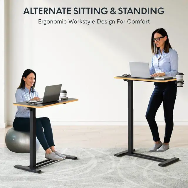 Alt view image 5 of 7 - Mobile Standing Desk with Wheels Pneumatic Laptop Desk Rolling Computer Cart Movable Height Adjustable Small Sit Stand Desk Computer Workstations Home Use27.6" W x 15.7" D, Black+Maple