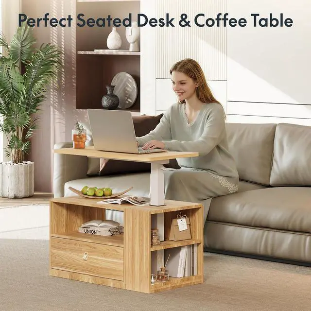 Alt view image 4 of 7 - H7 CAB Height Adjustable Sit-Stand Computer Workstation Desk with Storage, Pneumatic Lift Laptop Desk with Drawer & Cabinet, Compact Small Space Home Office Desk (25.8"41.3", Maple)