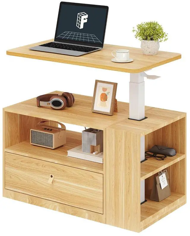 Main image of H7 CAB Height Adjustable Sit-Stand Computer Workstation Desk with Storage, Pneumatic Lift Laptop Desk with Drawer & Cabinet, Compact Small Space Home Office Desk (25.8"41.3", Maple)