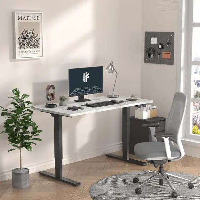 Alt view image 2 of 7 - E6 3-Stage Dual Motor Electric Standing Desk 48 x 30 Sit Stand Up Desk, Holds 220 lbs, Adjustable Height w/Memory Presets, One-Piece Marble Grey Desktop & Black Frame, Ships in 2 Boxes