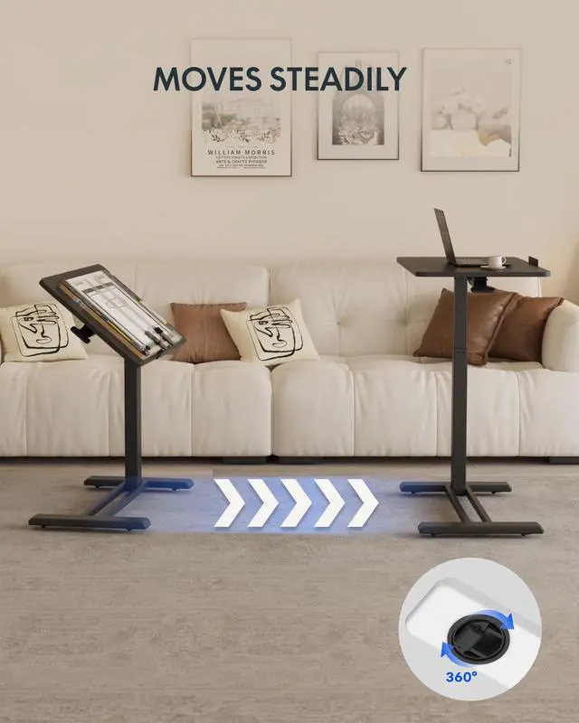 Alt view image 3 of 7 - H7 PRO Mobile Standing Desk Adjustable Overbed Table Pneumatic with Wheels 55°Tiltable Portable Laptop Desk Rolling Computer Cart Foldable Bedside Table(27.6" W x 15.7" D, Black)