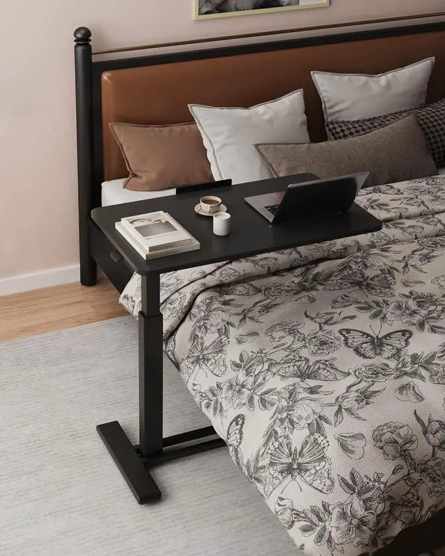 Alt view image 4 of 7 - H7 PRO Mobile Standing Desk Adjustable Overbed Table Pneumatic with Wheels 55°Tiltable Portable Laptop Desk Rolling Computer Cart Foldable Bedside Table(27.6" W x 15.7" D, Black)