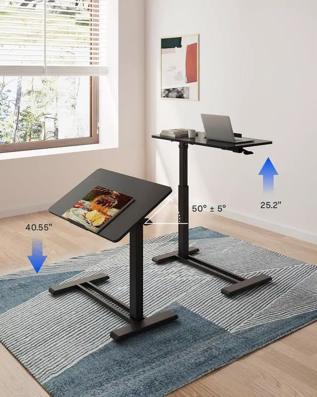Alt view image 5 of 7 - H7 PRO Mobile Standing Desk Adjustable Overbed Table Pneumatic with Wheels 55°Tiltable Portable Laptop Desk Rolling Computer Cart Foldable Bedside Table(27.6" W x 15.7" D, Black)