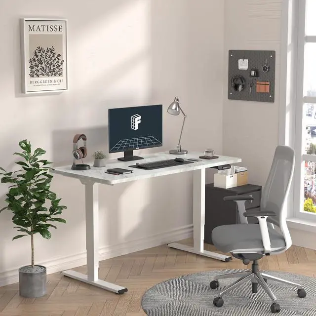 Alt view image 2 of 7 - E6 3-Stage Dual Motor Electric Standing Desk 48 x 30 Sit Stand Up Desk, Holds 220 lbs, Adjustable Height w/Memory Presets, One-Piece Marble Grey Desktop & White Frame, Ships in 2 Boxes