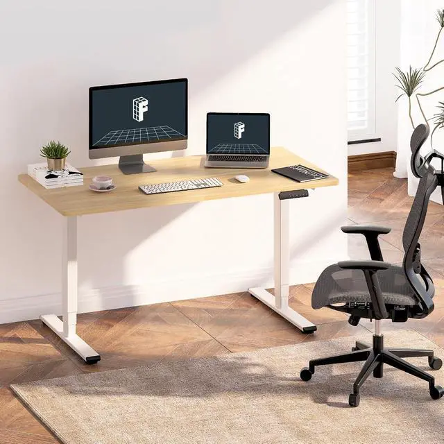 Alt view image 2 of 6 - E6 3-Stage Dual Motor 60 x 24 Electric Standing Desk Sit Stand Up Desk, Holds 220 lbs, Adjustable Height w/Memory Presets, One-Piece Maple Desktop & White Frame, Ships in 2 Boxes