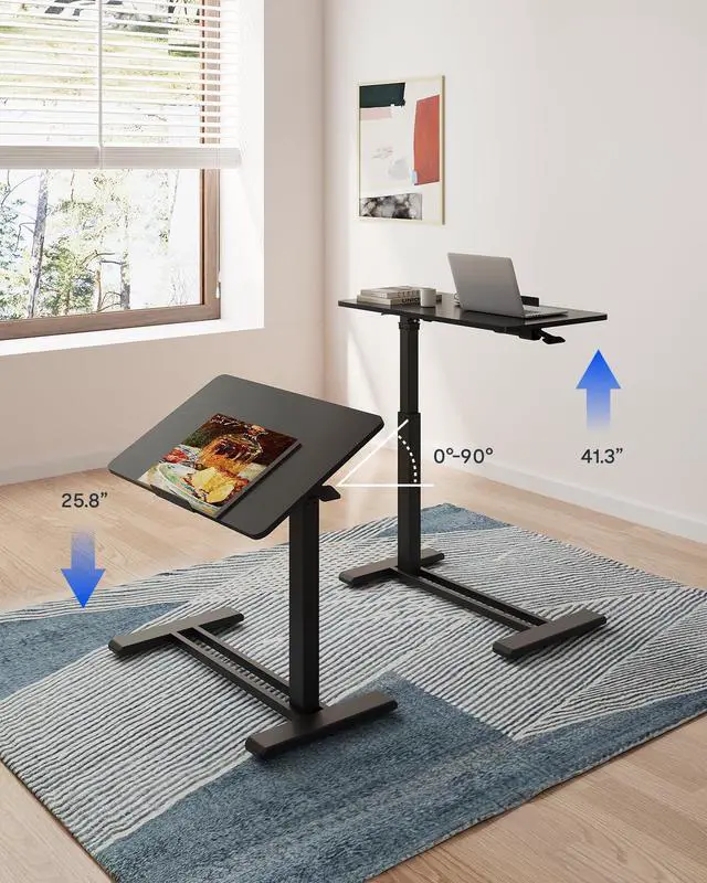 Alt view image 6 of 7 - H7 PRO Mobile Standing Desk Adjustable Overbed Table Pneumatic with Wheels 90°Tiltable Portable Laptop Desk Rolling Computer Cart Foldable Bedside Table(31.5" W x 17.7" D D, Black)
