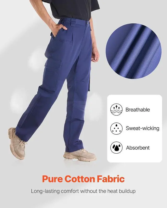 Alt view image 2 of 7 - FR Pants for Men, 9 oz 100% Cotton, Flame-Resistant Cargo Pants with Multi-Pockets and Elastic Waist, Reinforced Tear-Proof Stitching, Ideal for Welding Work and Casual Wear, XL Size, Dark Blue