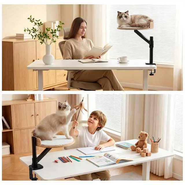 Alt view image 5 of 7 - Cat Bed, Desk Mounted Cat Perch with Scratcher, Rubberwood | Eco-friendly Solid Wood, Bond with Your Pet, Adjustable Height and Angle, Max 33lbs Weight Capacity, Clampon Design