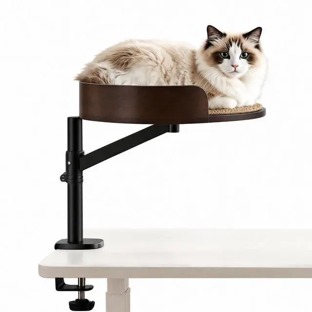 Main image of Cat Bed, Desk Mounted Cat Perch with Scratcher, Walnutwood Finish | Eco-friendly Solid Wood, Bond with Your Pet, Adjustable Height and Angle, Max 33lbs Weight Capacity, Clampon Design