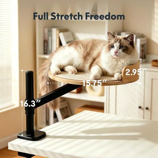 Alt view image 7 of 7 - Cat Bed, Desk Mounted Cat Perch with Scratcher, Rubberwood | Eco-friendly Solid Wood, Bond with Your Pet, Adjustable Height and Angle, Max 33lbs Weight Capacity, Clampon Design