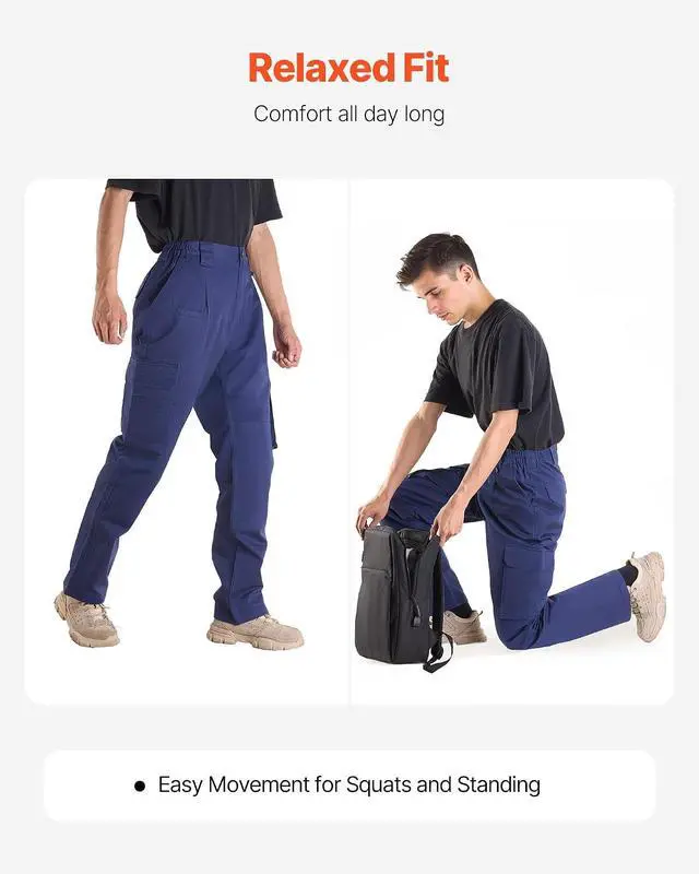 Alt view image 4 of 7 - FR Pants for Men, 9 oz 100% Cotton, Flame-Resistant Cargo Pants with Multi-Pockets and Elastic Waist, Reinforced Tear-Proof Stitching, Ideal for Welding Work and Casual Wear, XL Size, Dark Blue